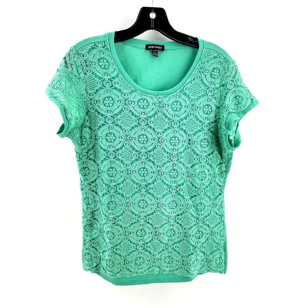 Ace + Ally Women's Top Short Sleeve XL Lace Overlay Casual Soft T-Shirt Green